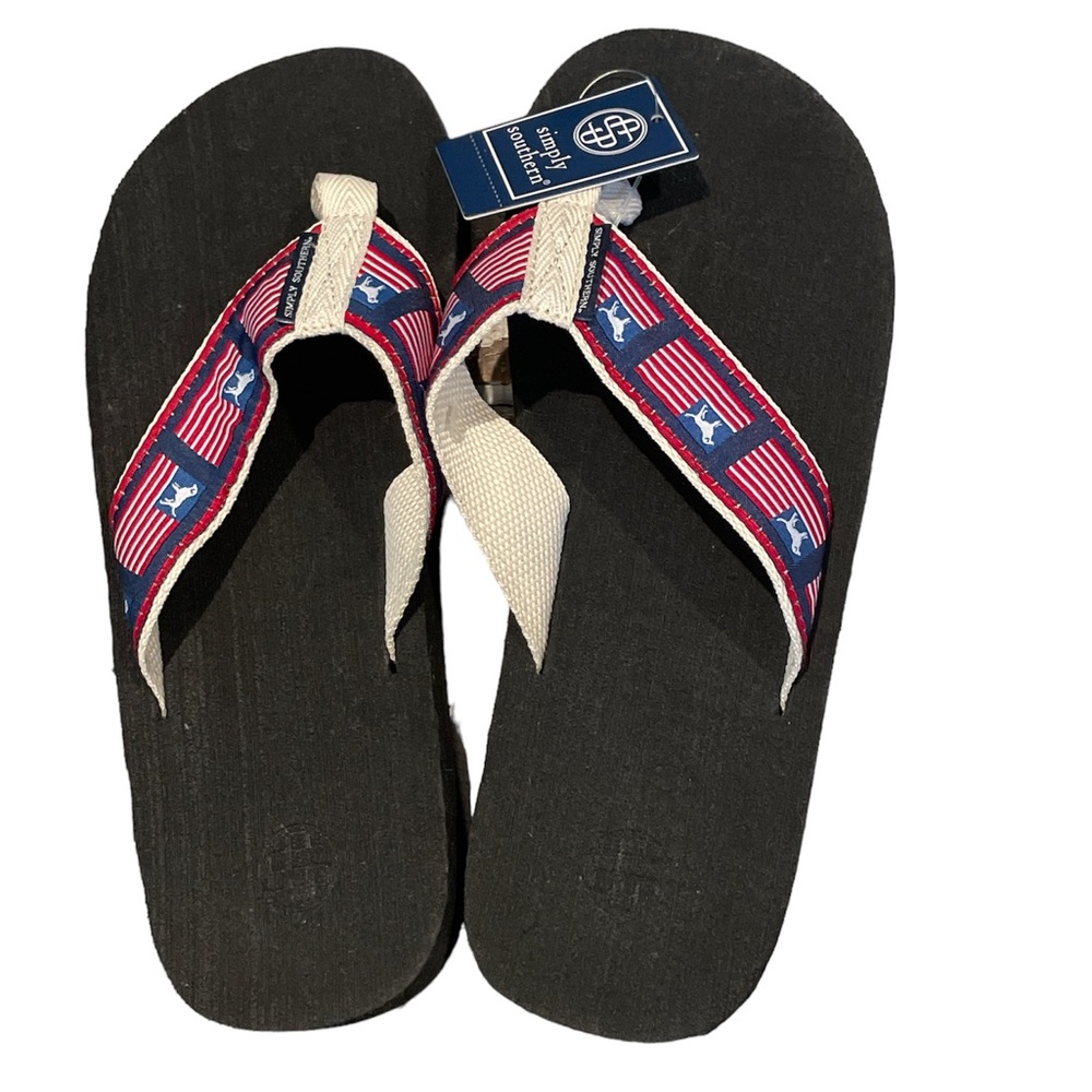 Simply Southern Flip Flops Flag Dog Black Size Small 7.5/8.5